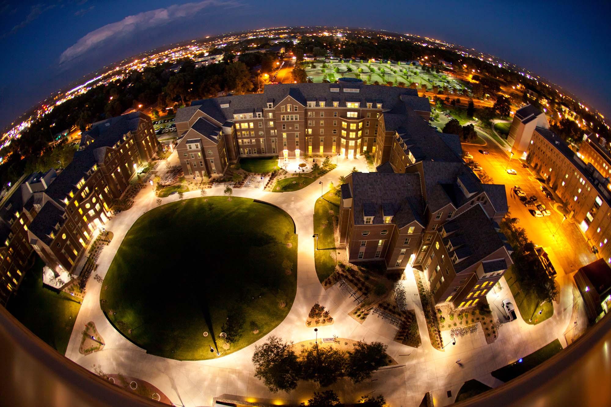 An aerial photo of Greeley Colorado at night.